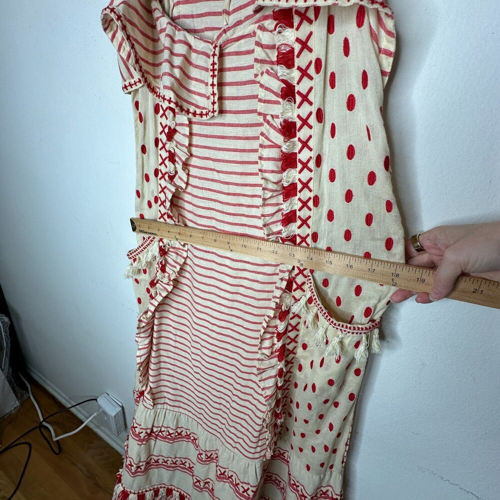 DODO BAR Tan & Red Stripe Polka Dot Ruffle Fringe Maxi Boho Resort Dress S - Picture 13 of 14